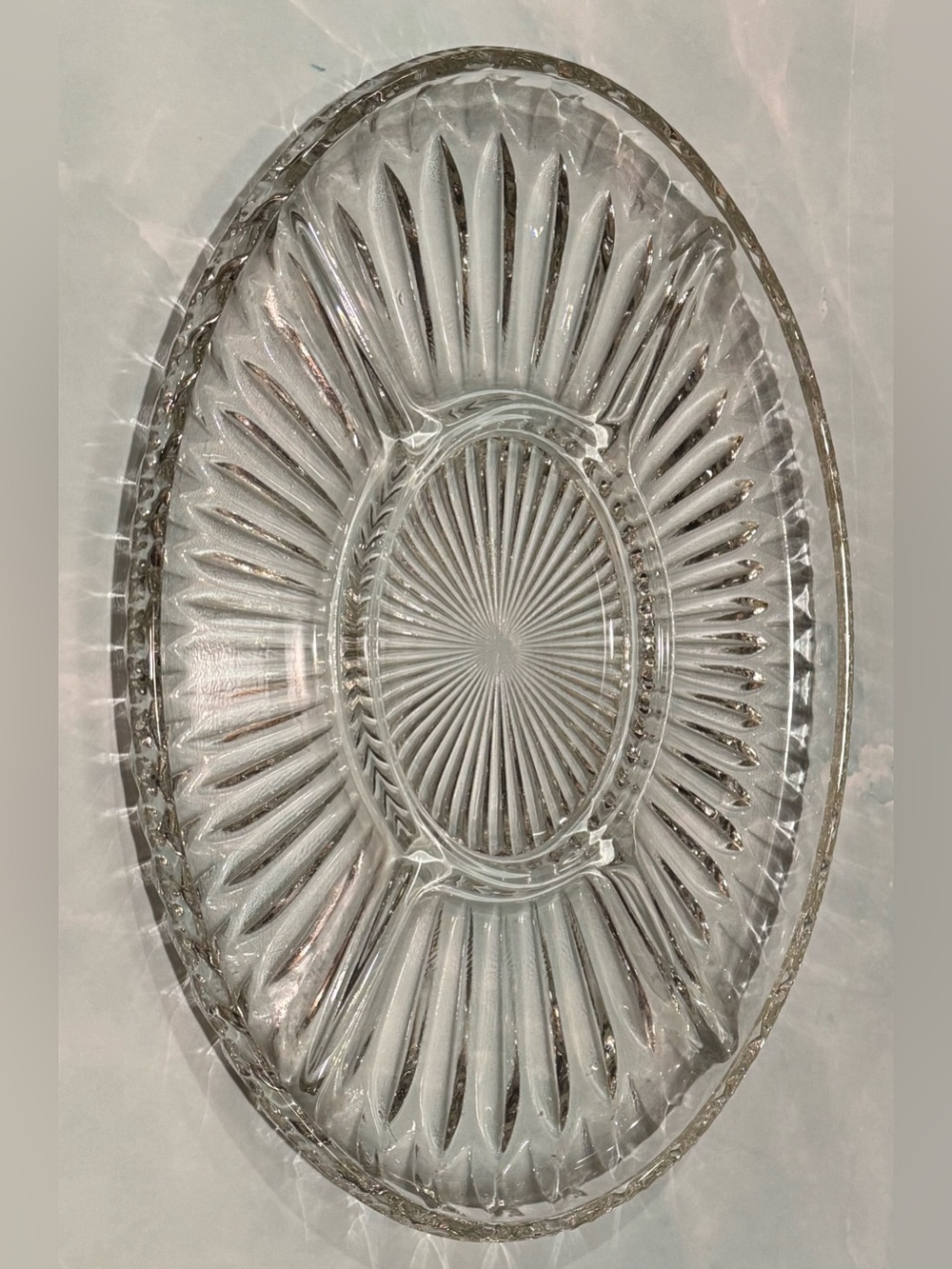 Vintage Clear Crystal Glass Oval Decorative Divided Platter Sunburst Cut 13”x9”